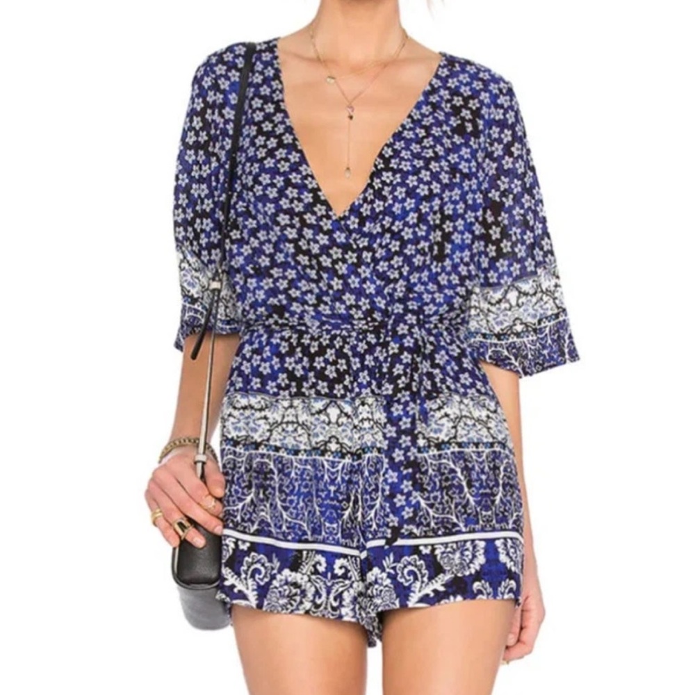 New Lovers + Friends Isabelle Romper Blue White Floral Faux Wrap Sz Small